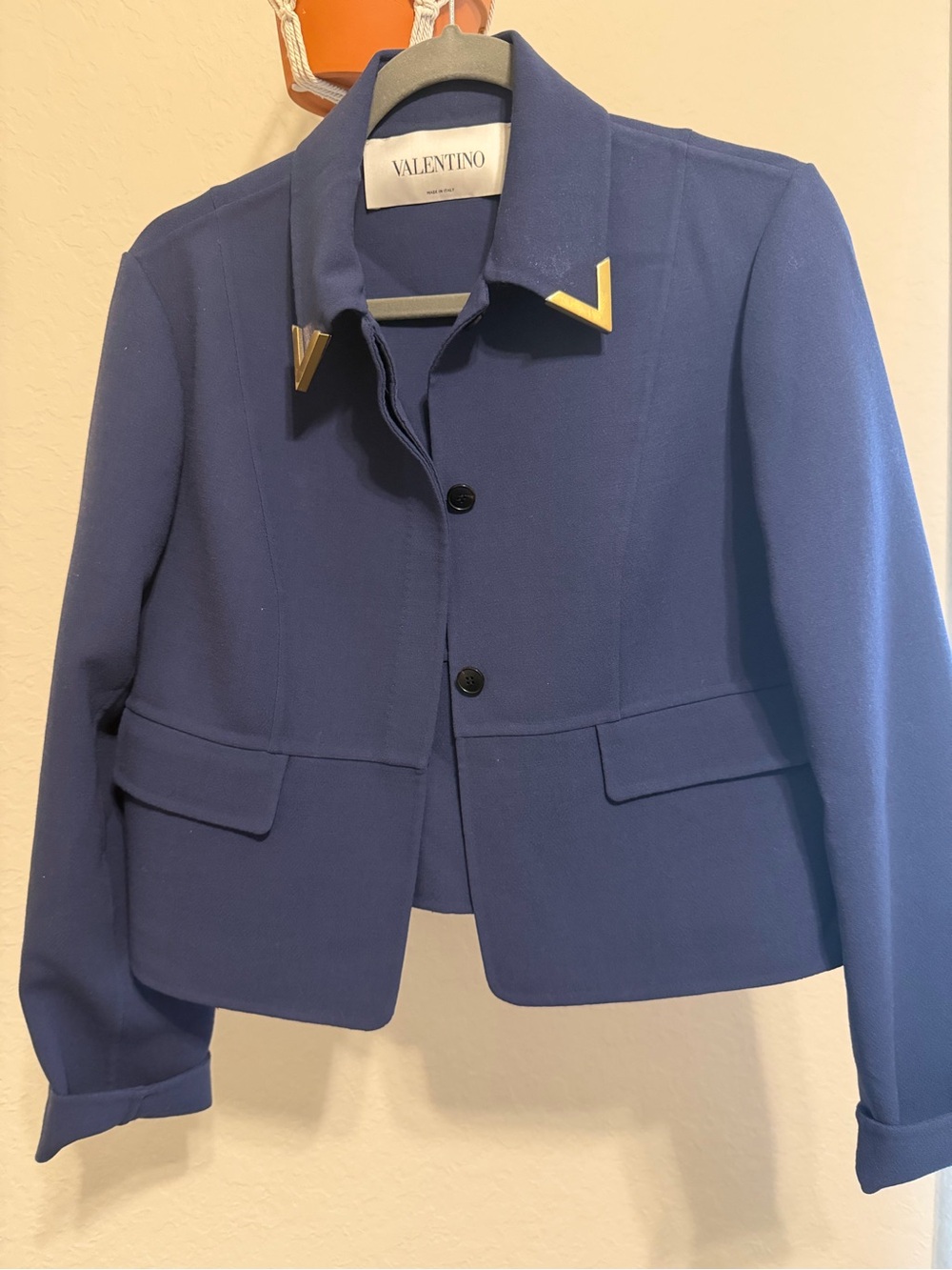 Valentino Royal Blue Cropped Blazer with Gold V Collar Accents